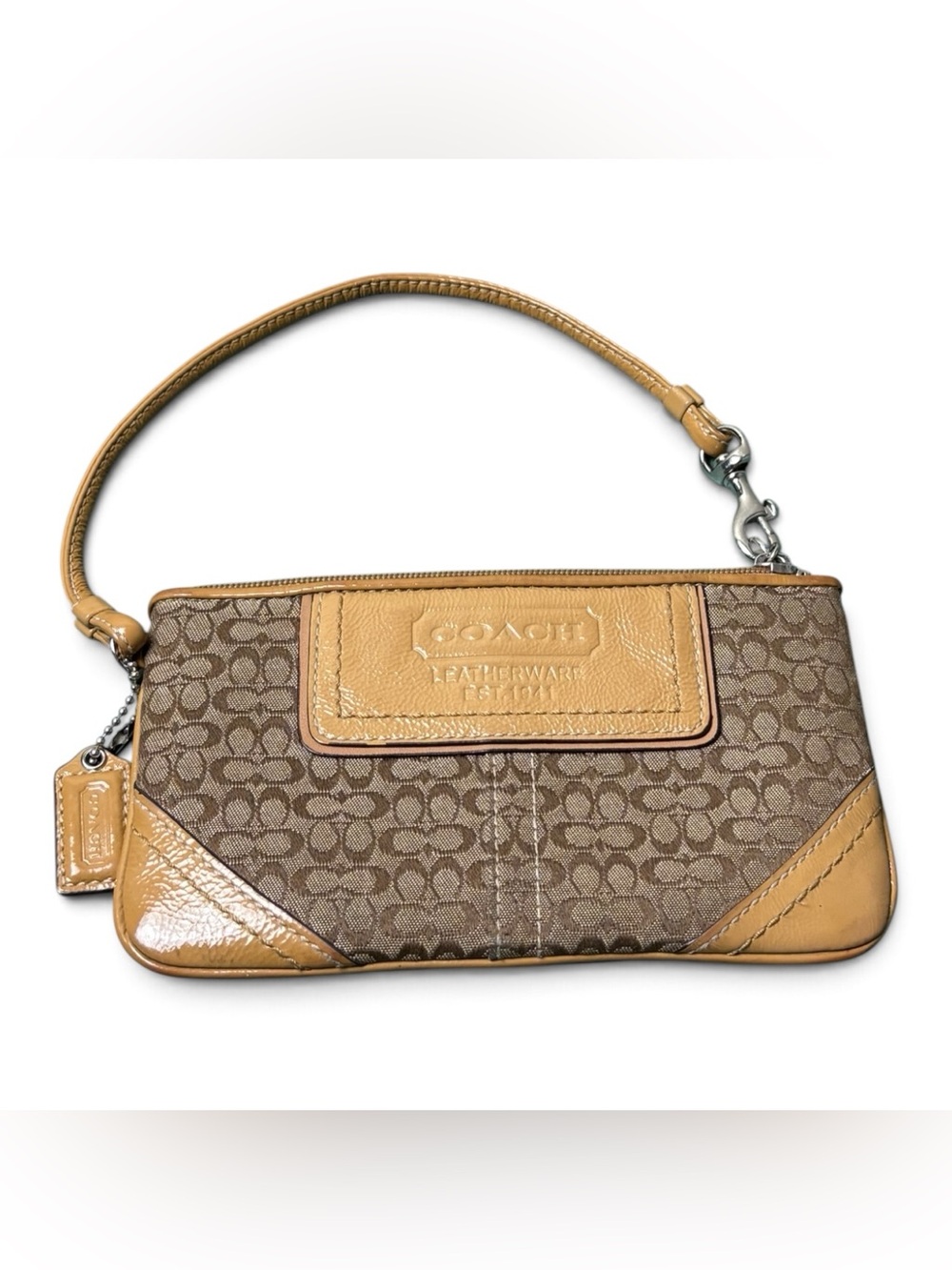 Y2K Coach Leatherware Signature Canvas Leather Wristlet Wallet Bag Tan Brown